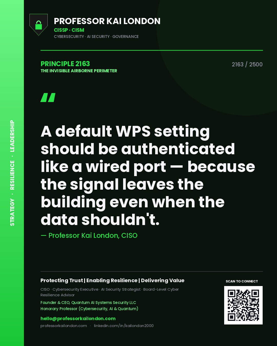 Professor Kai London principle 2163: A default WPS setting should be authenticated like a wired port — because the signal leaves the building even when the data shouldn't.