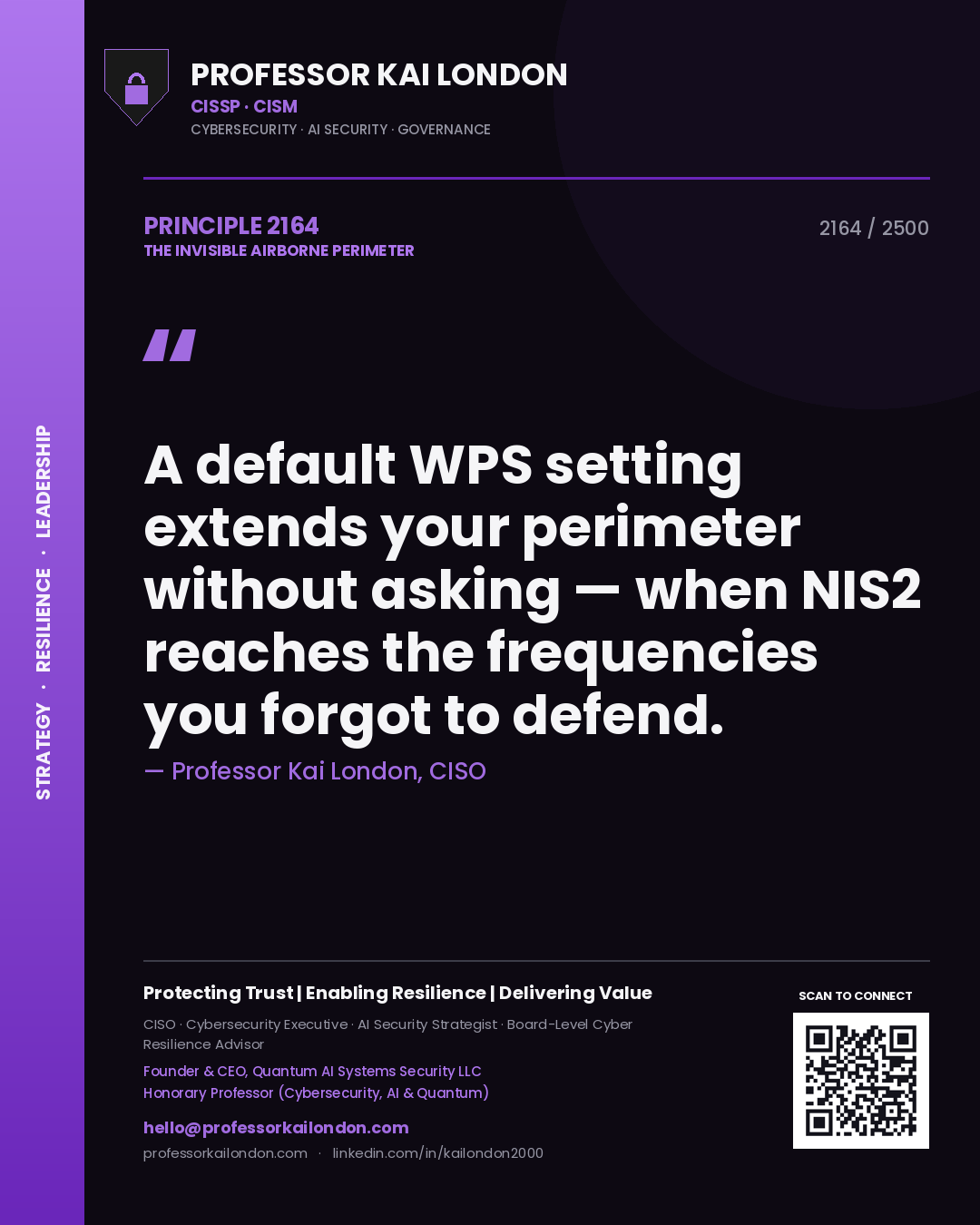 Professor Kai London principle 2164: A default WPS setting extends your perimeter without asking — when NIS2 reaches the frequencies you forgot to defend.