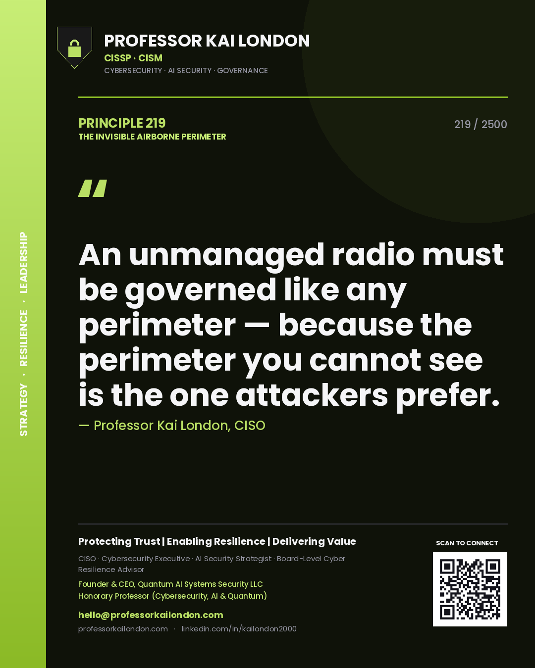 Professor Kai London principle 219: An unmanaged radio must be governed like any perimeter — because the perimeter you cannot see is the one attackers prefer.