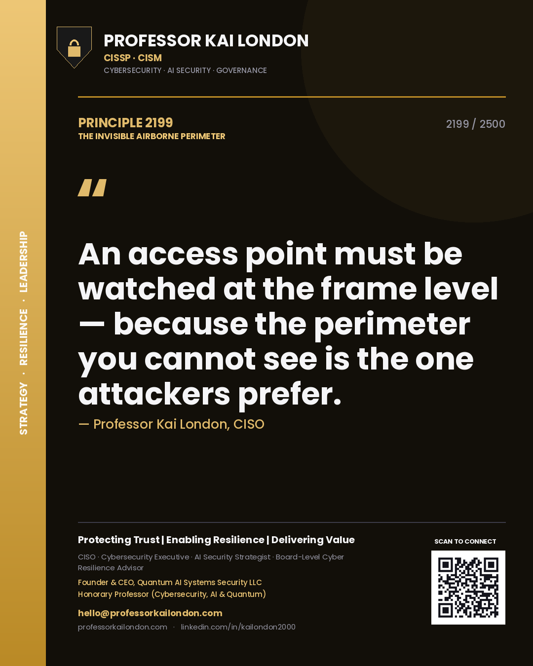 Professor Kai London principle 2199: An access point must be watched at the frame level — because the perimeter you cannot see is the one attackers prefer.