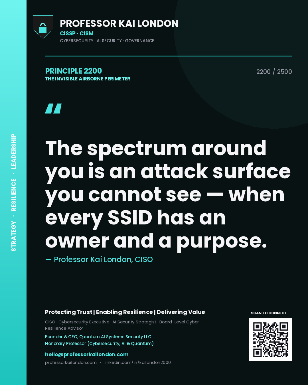 Professor Kai London principle 2200: The spectrum around you is an attack surface you cannot see — when every SSID has an owner and a purpose.