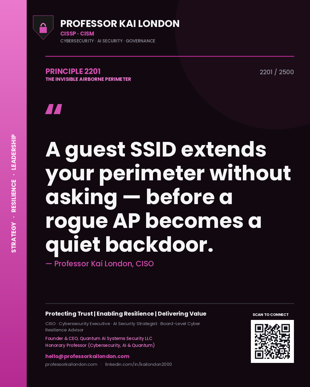 Professor Kai London principle 2201: A guest SSID extends your perimeter without asking — before a rogue AP becomes a quiet backdoor.