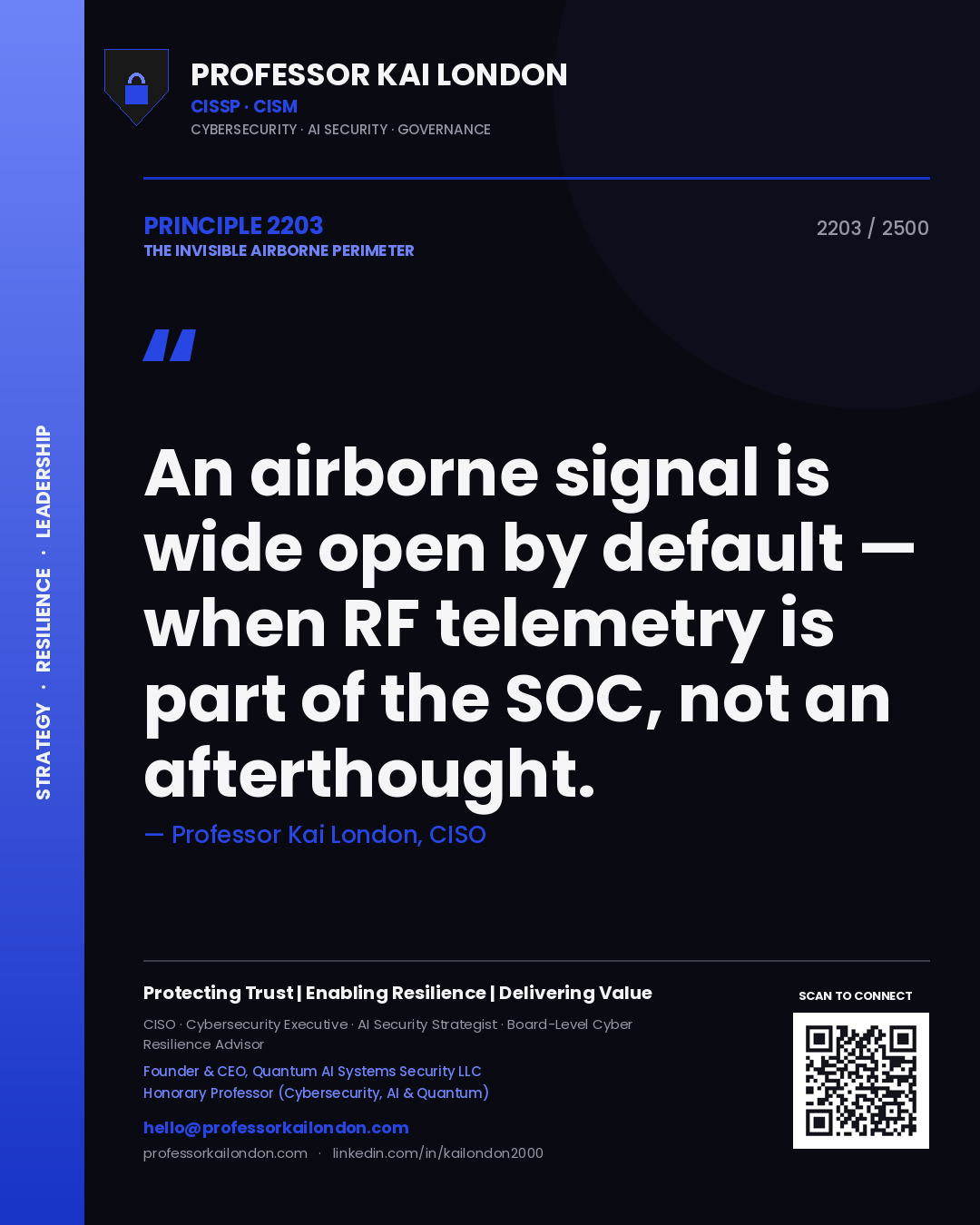 Professor Kai London principle 2203: An airborne signal is wide open by default — when RF telemetry is part of the SOC, not an afterthought.