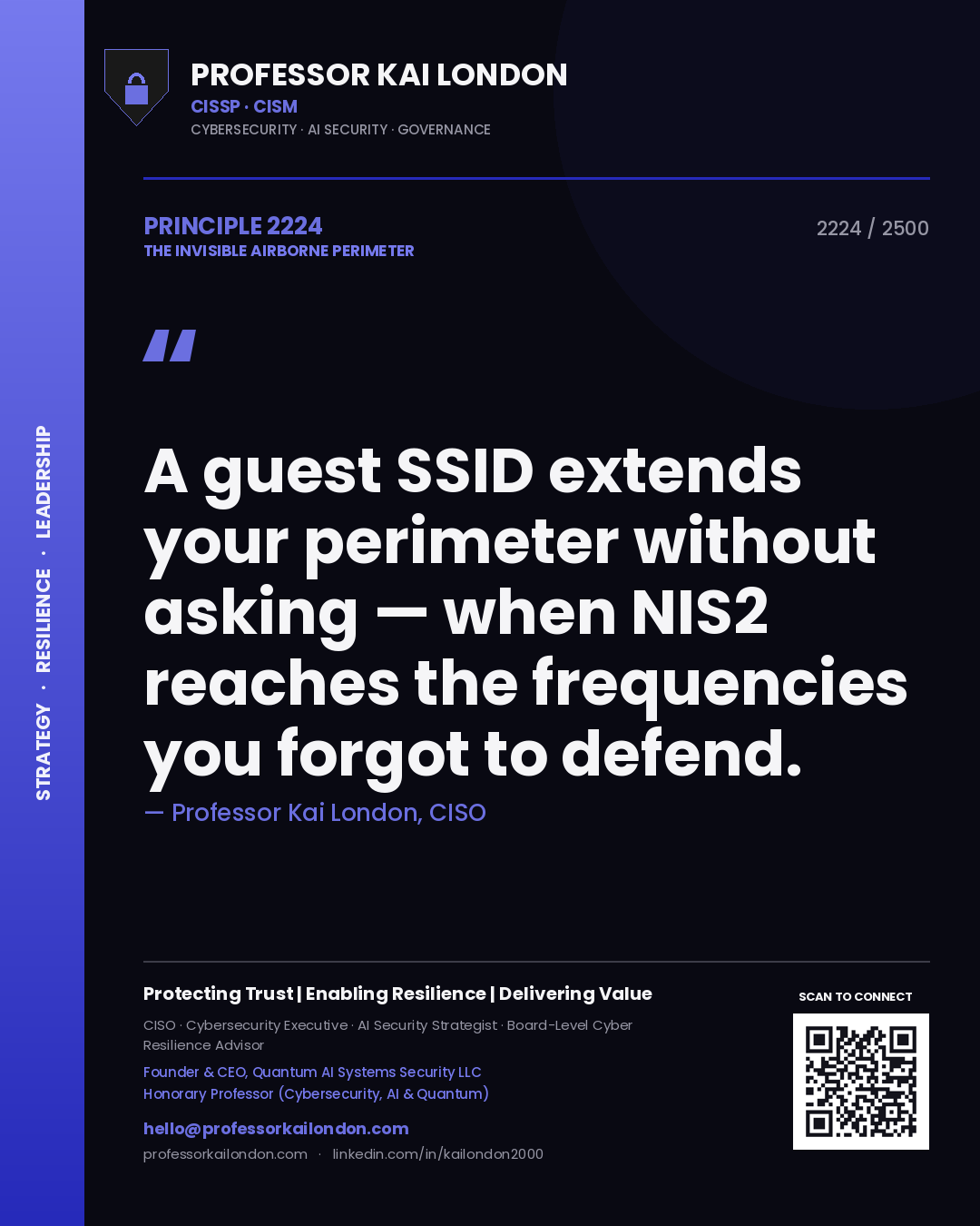 Professor Kai London principle 2224: A guest SSID extends your perimeter without asking — when NIS2 reaches the frequencies you forgot to defend.