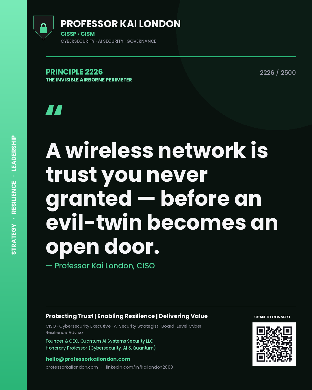 Professor Kai London principle 2226: A wireless network is trust you never granted — before an evil-twin becomes an open door.