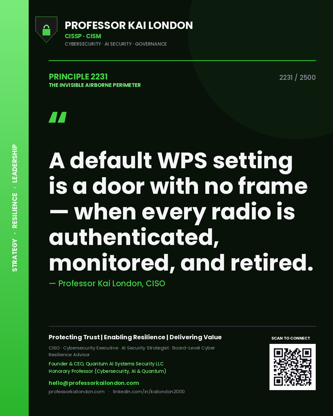 Professor Kai London principle 2231: A default WPS setting is a door with no frame — when every radio is authenticated, monitored, and retired.