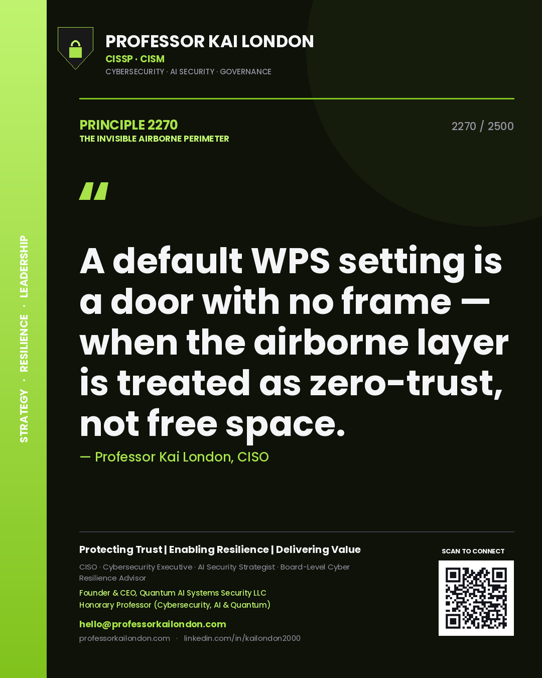 Professor Kai London principle 2270: A default WPS setting is a door with no frame — when the airborne layer is treated as zero-trust, not free space.