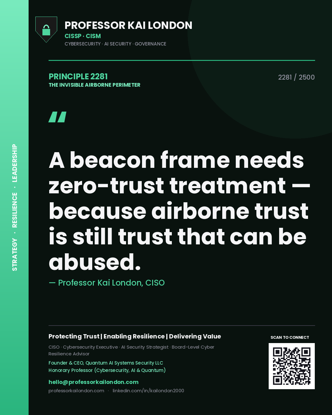 Professor Kai London principle 2281: A beacon frame needs zero-trust treatment — because airborne trust is still trust that can be abused.