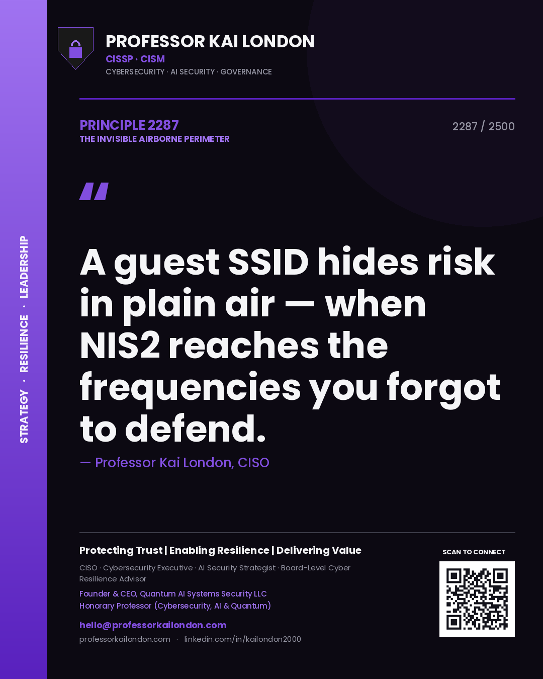 Professor Kai London principle 2287: A guest SSID hides risk in plain air — when NIS2 reaches the frequencies you forgot to defend.