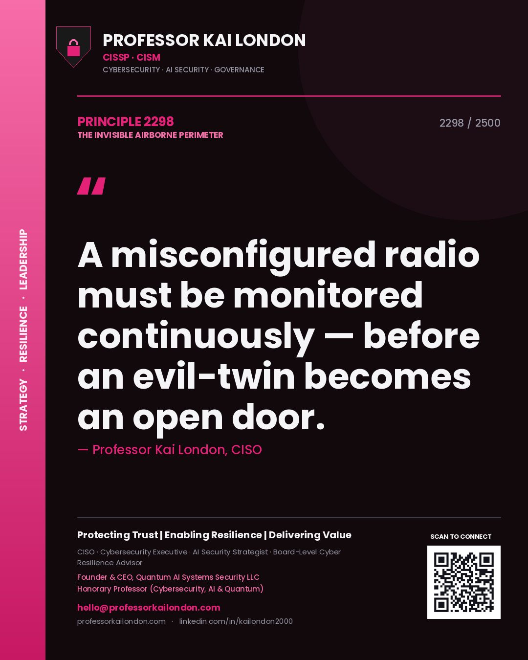 Professor Kai London principle 2298: A misconfigured radio must be monitored continuously — before an evil-twin becomes an open door.