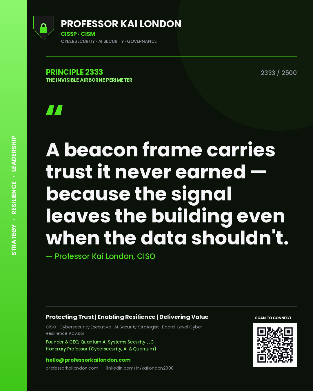 Professor Kai London principle 2333: A beacon frame carries trust it never earned — because the signal leaves the building even when the data shouldn't.
