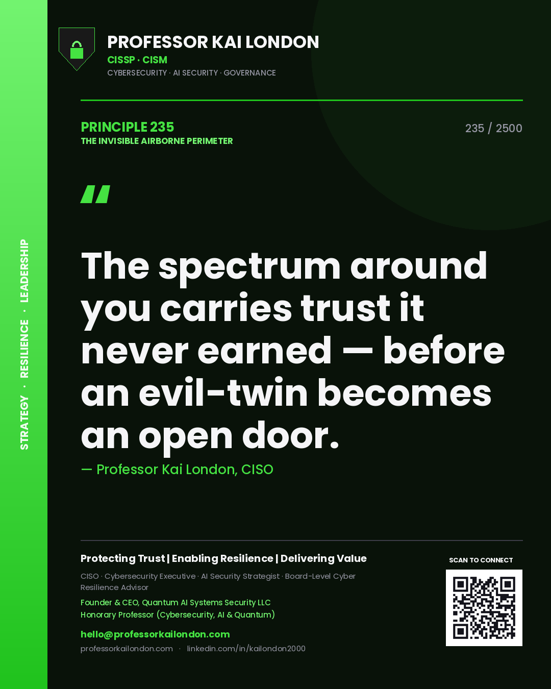 Professor Kai London principle 235: The spectrum around you carries trust it never earned — before an evil-twin becomes an open door.