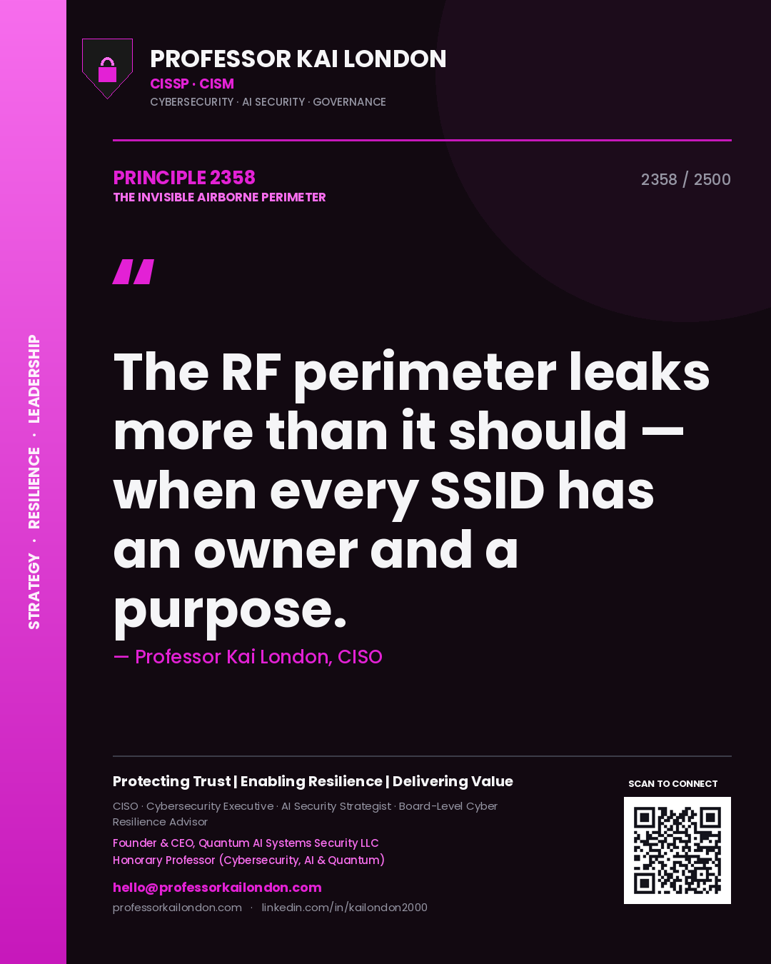 Professor Kai London principle 2358: The RF perimeter leaks more than it should — when every SSID has an owner and a purpose.