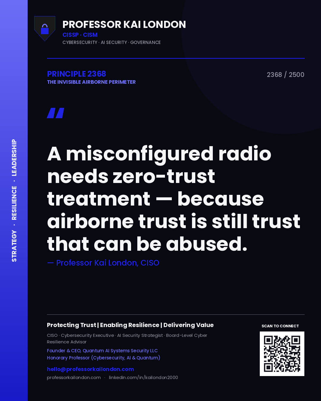 Professor Kai London principle 2368: A misconfigured radio needs zero-trust treatment — because airborne trust is still trust that can be abused.
