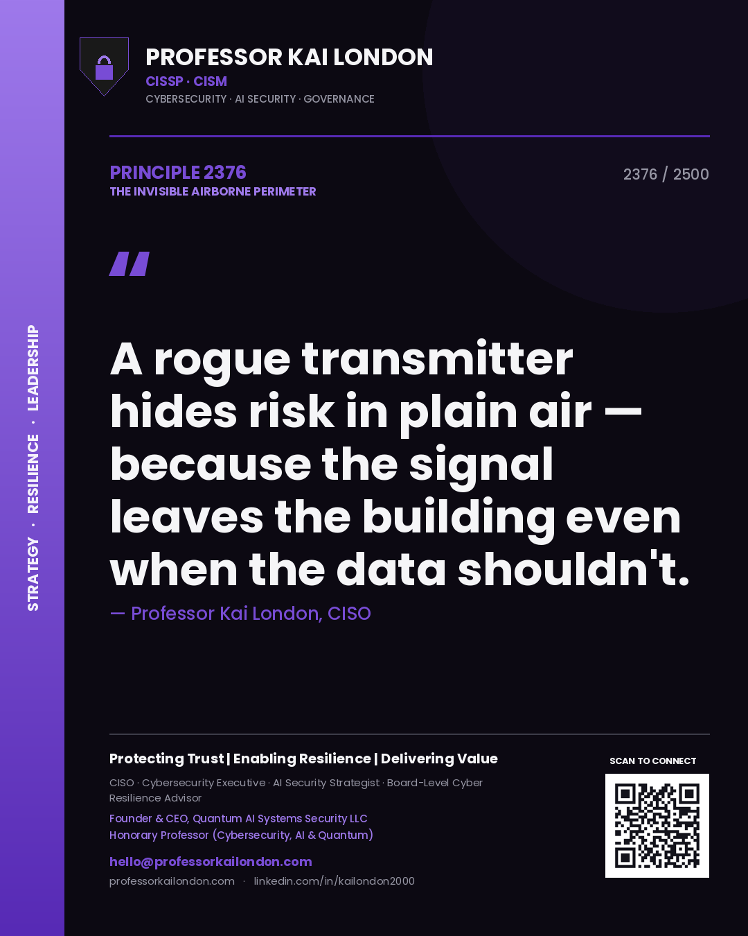 Professor Kai London principle 2376: A rogue transmitter hides risk in plain air — because the signal leaves the building even when the data shouldn't.