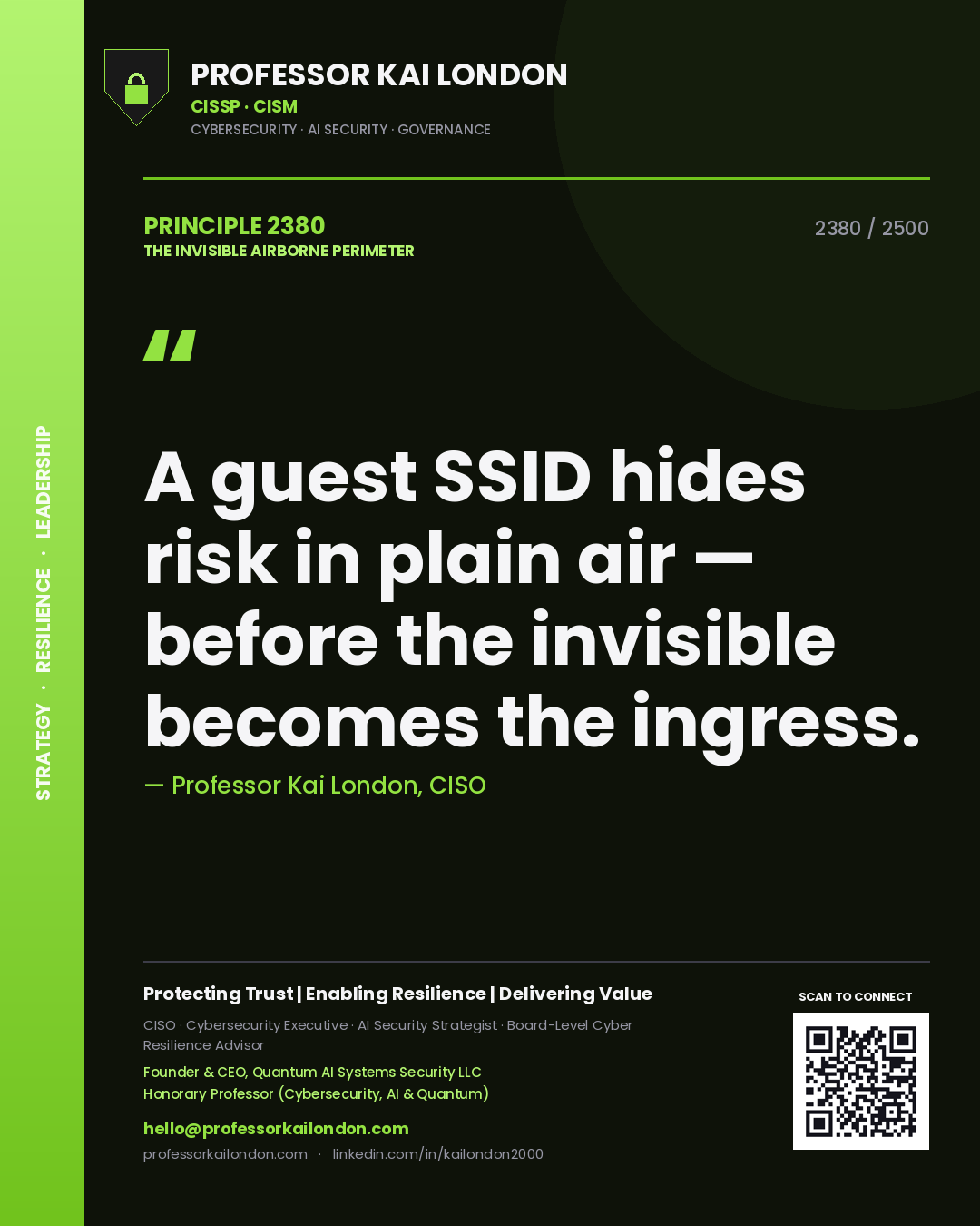 Professor Kai London principle 2380: A guest SSID hides risk in plain air — before the invisible becomes the ingress.