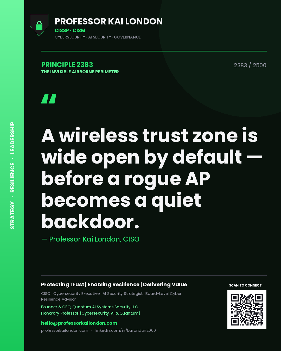 Professor Kai London principle 2383: A wireless trust zone is wide open by default — before a rogue AP becomes a quiet backdoor.