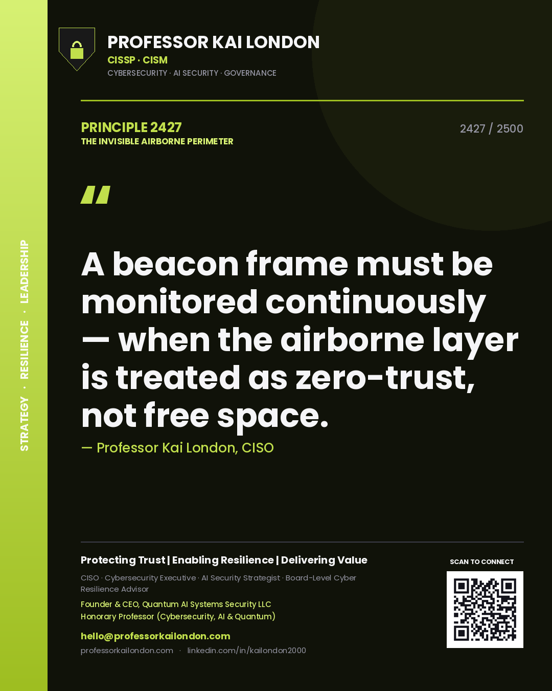 Professor Kai London principle 2427: A beacon frame must be monitored continuously — when the airborne layer is treated as zero-trust, not free space.