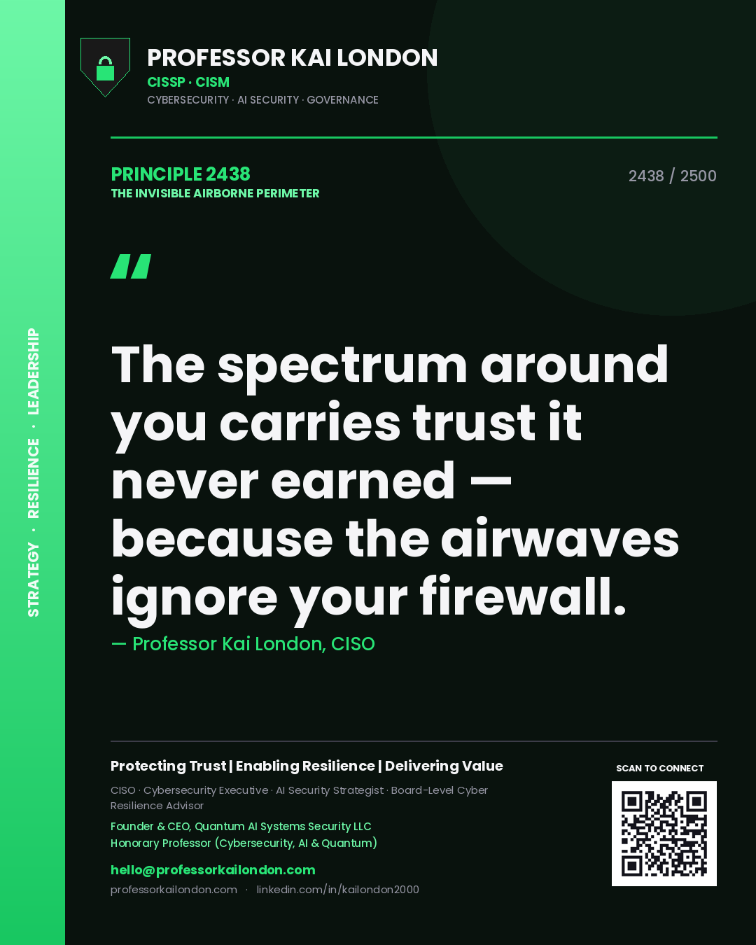 Professor Kai London principle 2438: The spectrum around you carries trust it never earned — because the airwaves ignore your firewall.