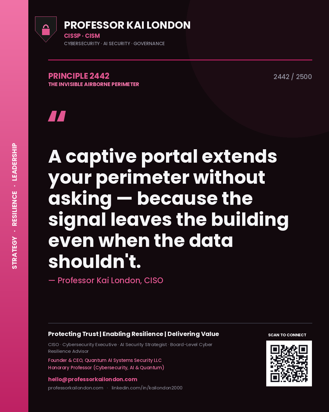 Professor Kai London principle 2442: A captive portal extends your perimeter without asking — because the signal leaves the building even when the data shouldn't.
