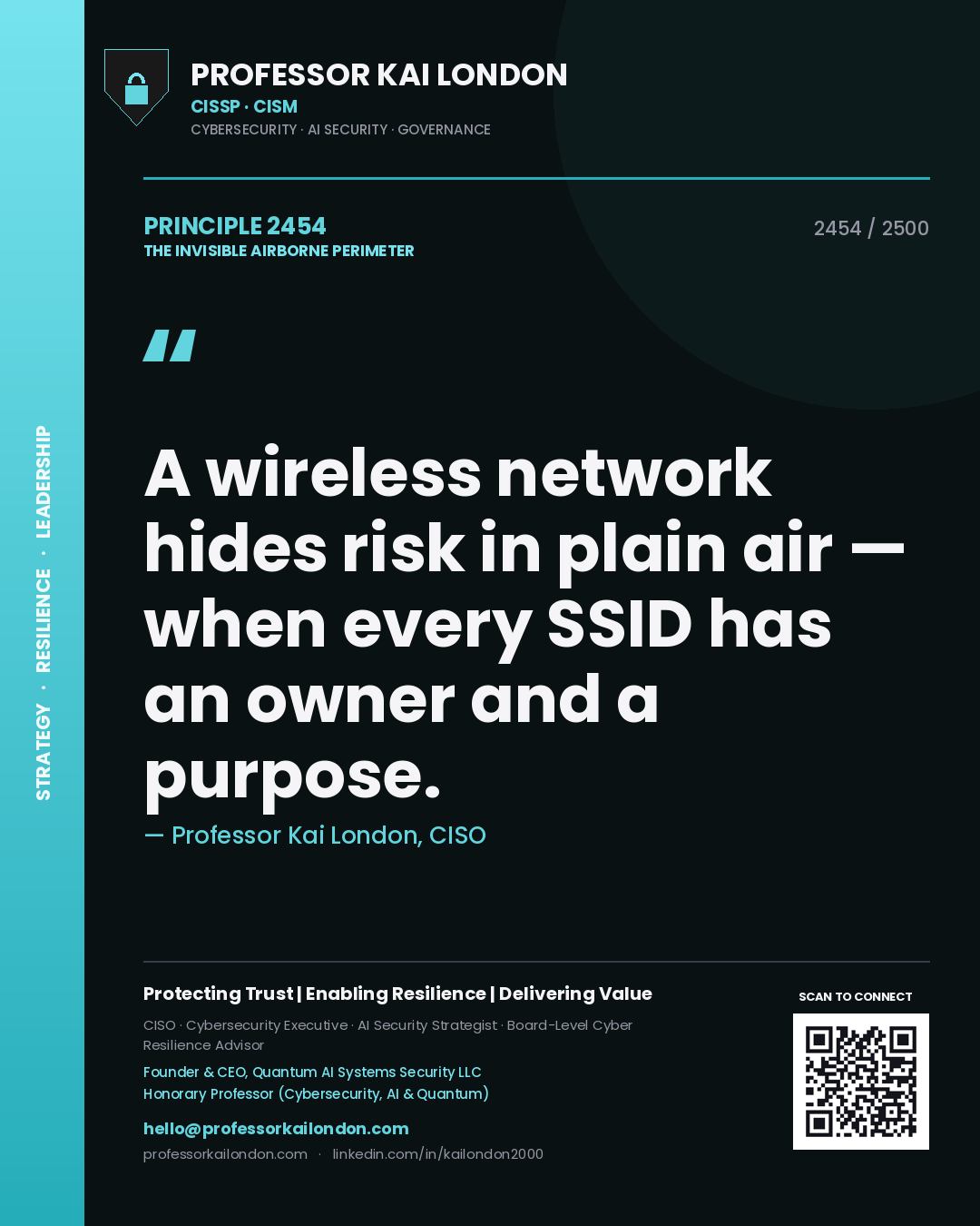 Professor Kai London principle 2454: A wireless network hides risk in plain air — when every SSID has an owner and a purpose.