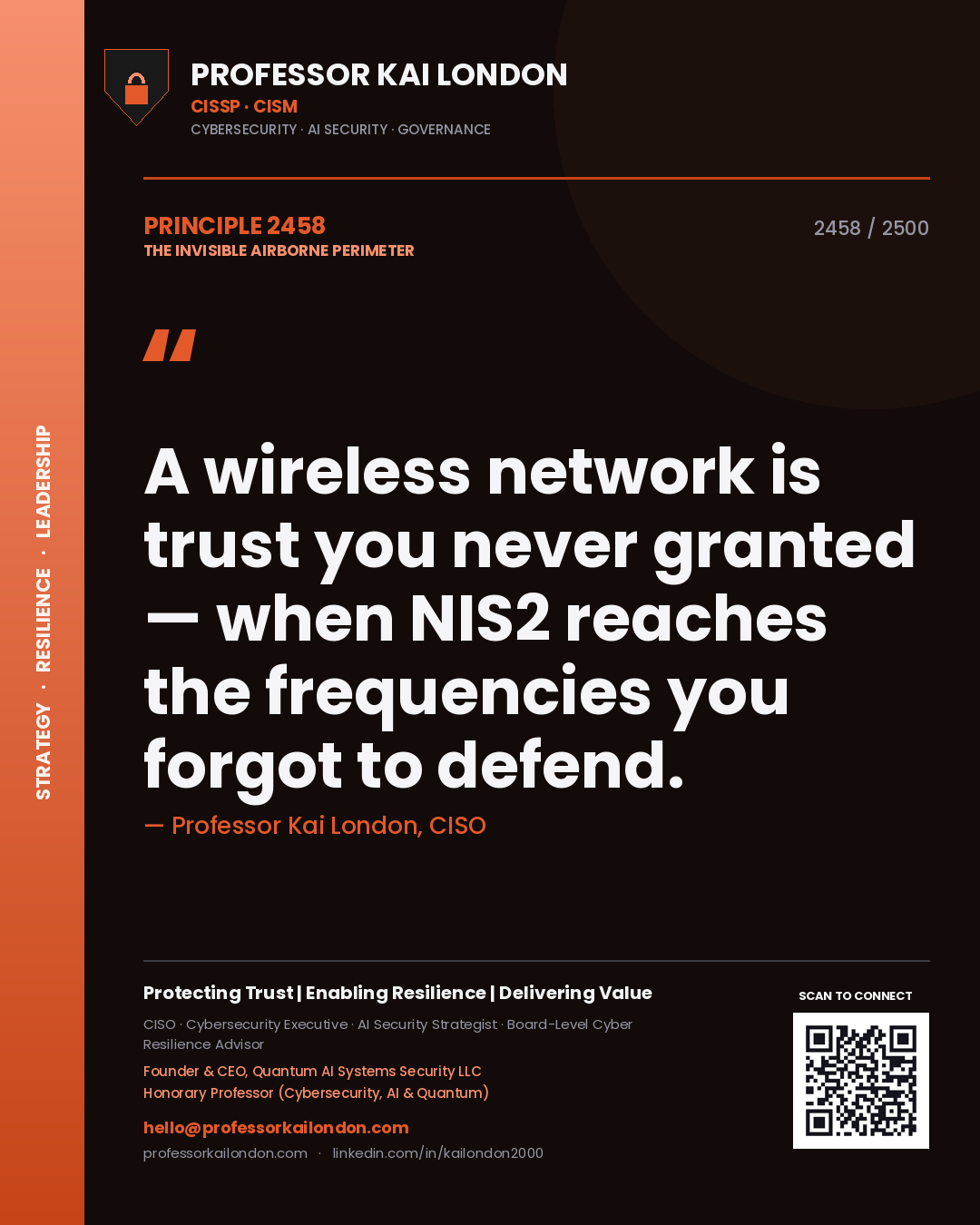 Professor Kai London principle 2458: A wireless network is trust you never granted — when NIS2 reaches the frequencies you forgot to defend.