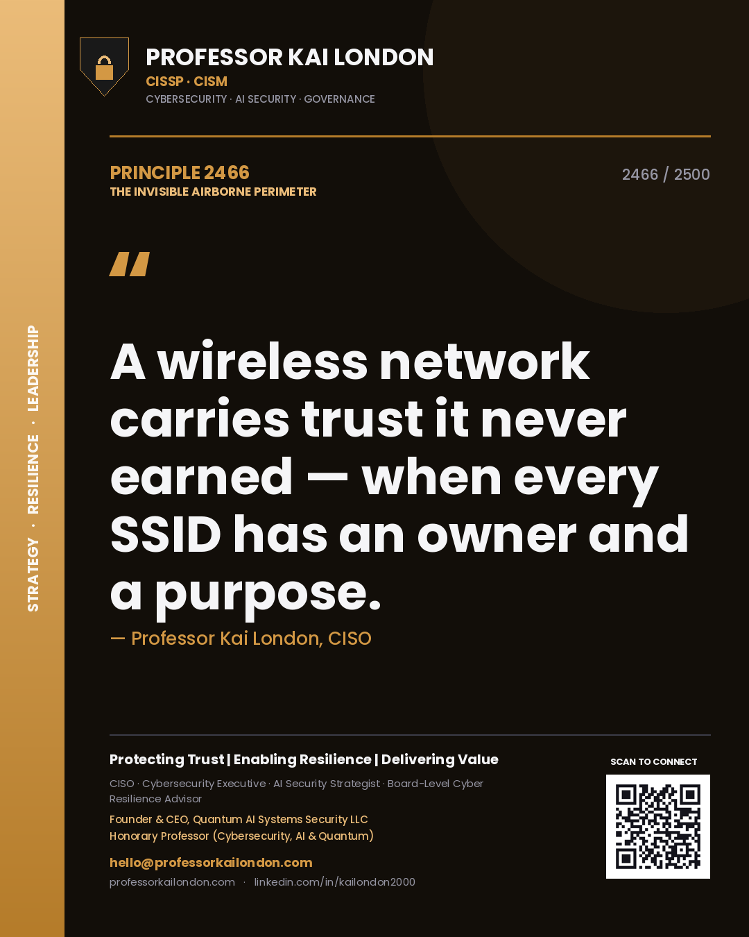 Professor Kai London principle 2466: A wireless network carries trust it never earned — when every SSID has an owner and a purpose.
