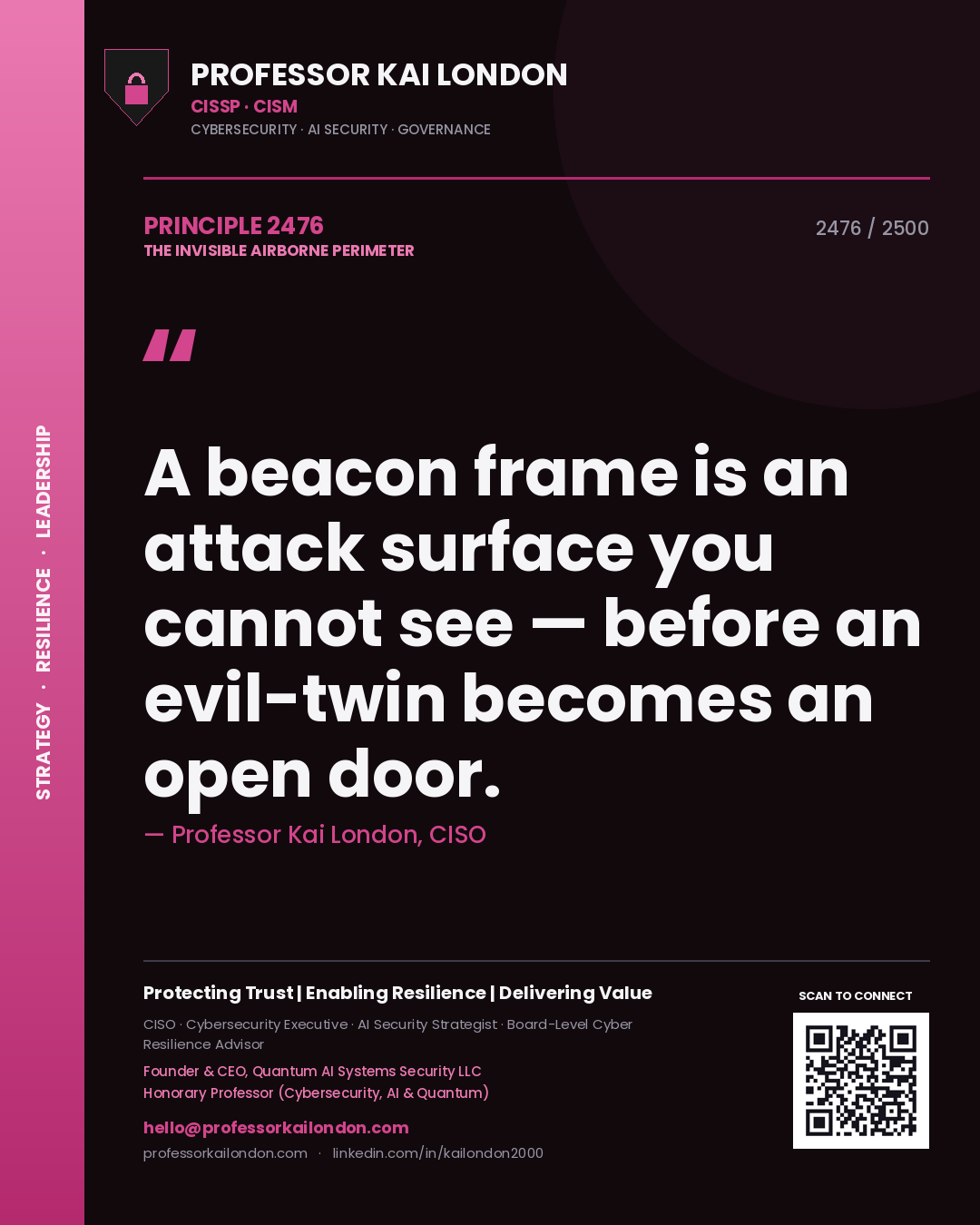 Professor Kai London principle 2476: A beacon frame is an attack surface you cannot see — before an evil-twin becomes an open door.