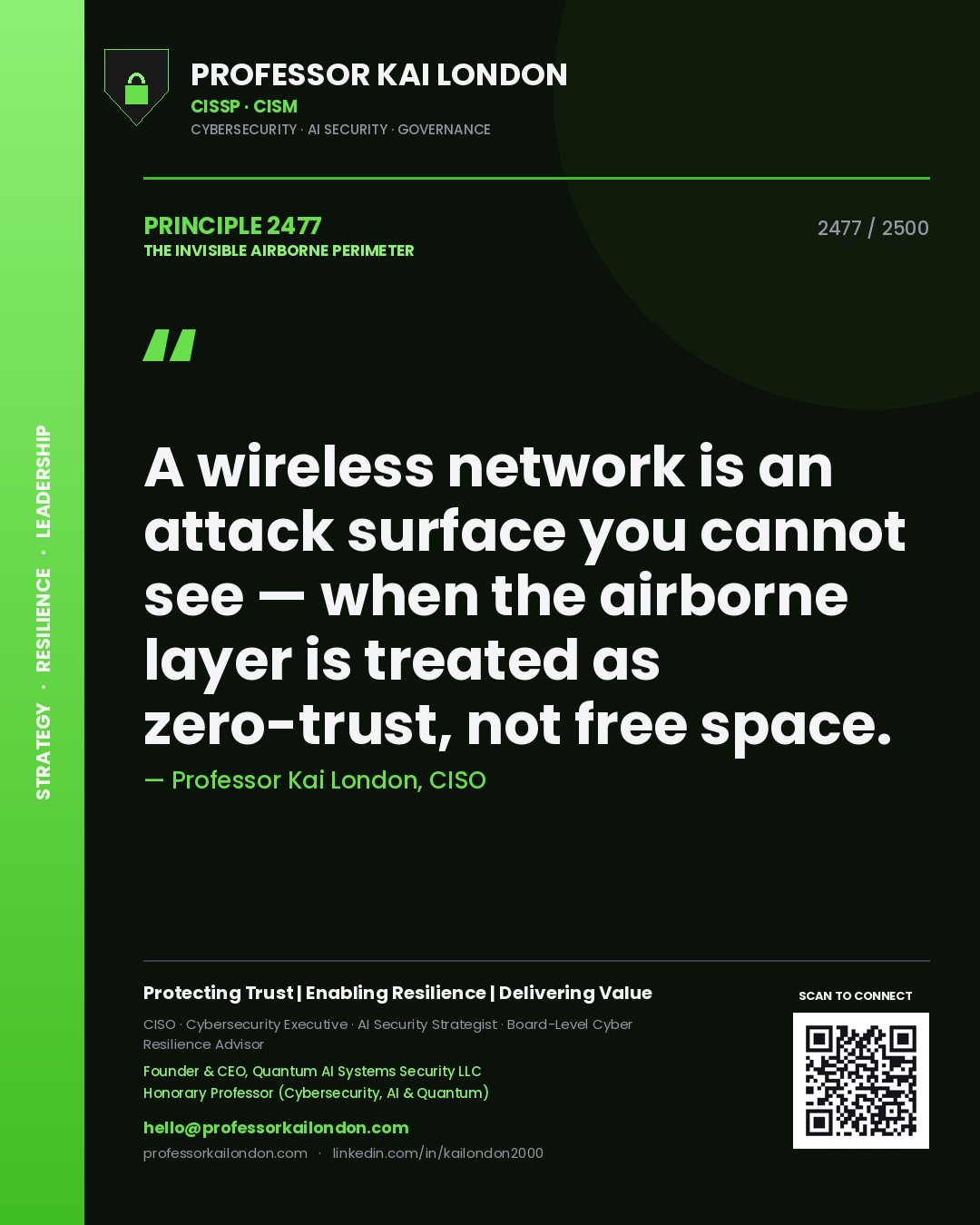 Professor Kai London principle 2477: A wireless network is an attack surface you cannot see — when the airborne layer is treated as zero-trust, not free space.