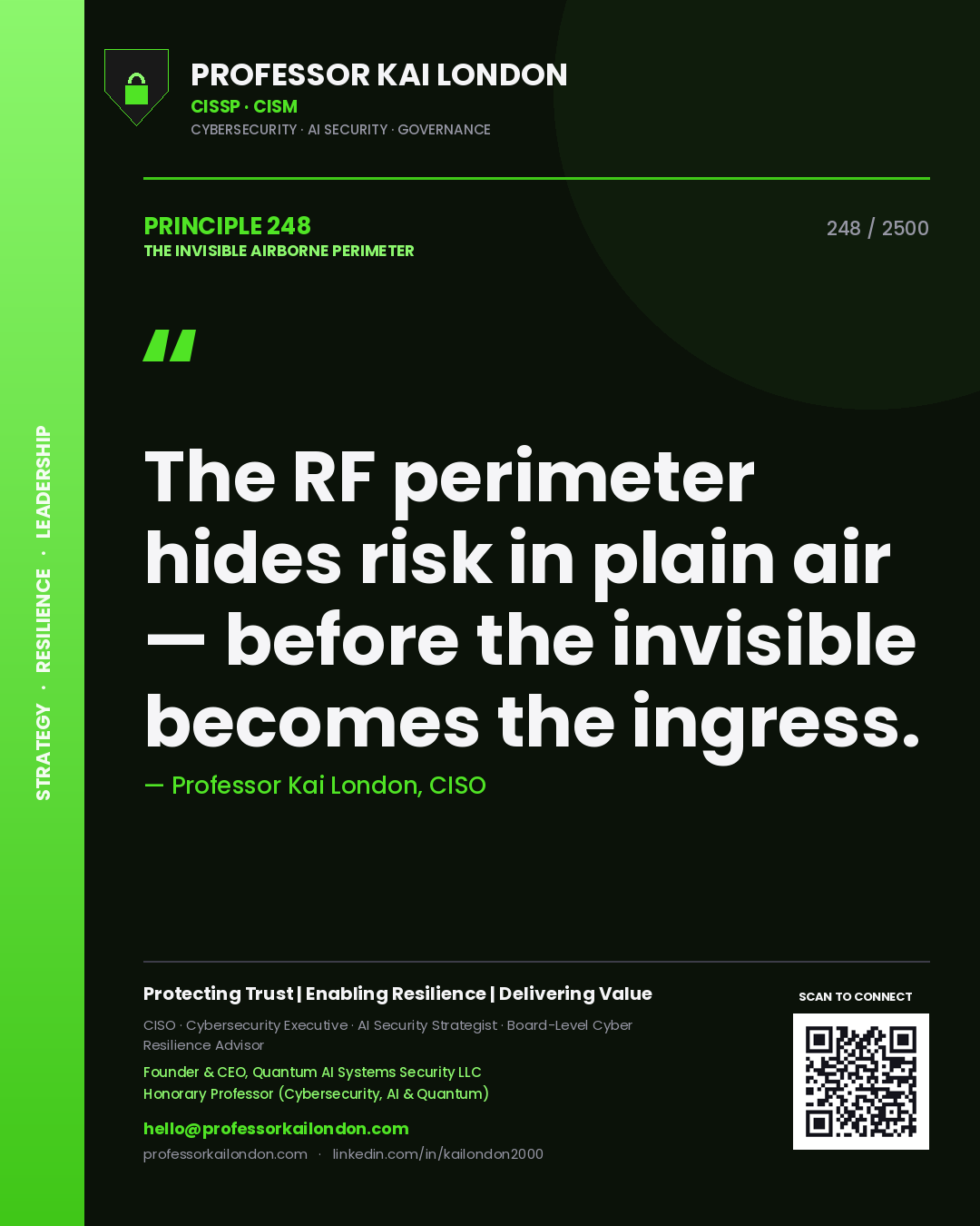 Professor Kai London principle 248: The RF perimeter hides risk in plain air — before the invisible becomes the ingress.