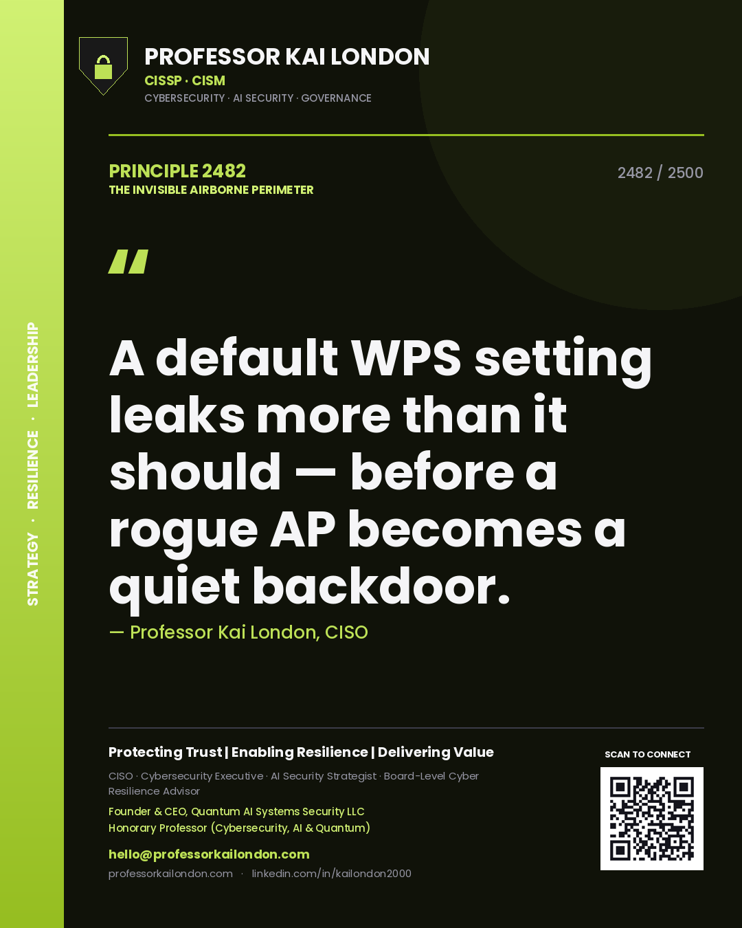 Professor Kai London principle 2482: A default WPS setting leaks more than it should — before a rogue AP becomes a quiet backdoor.