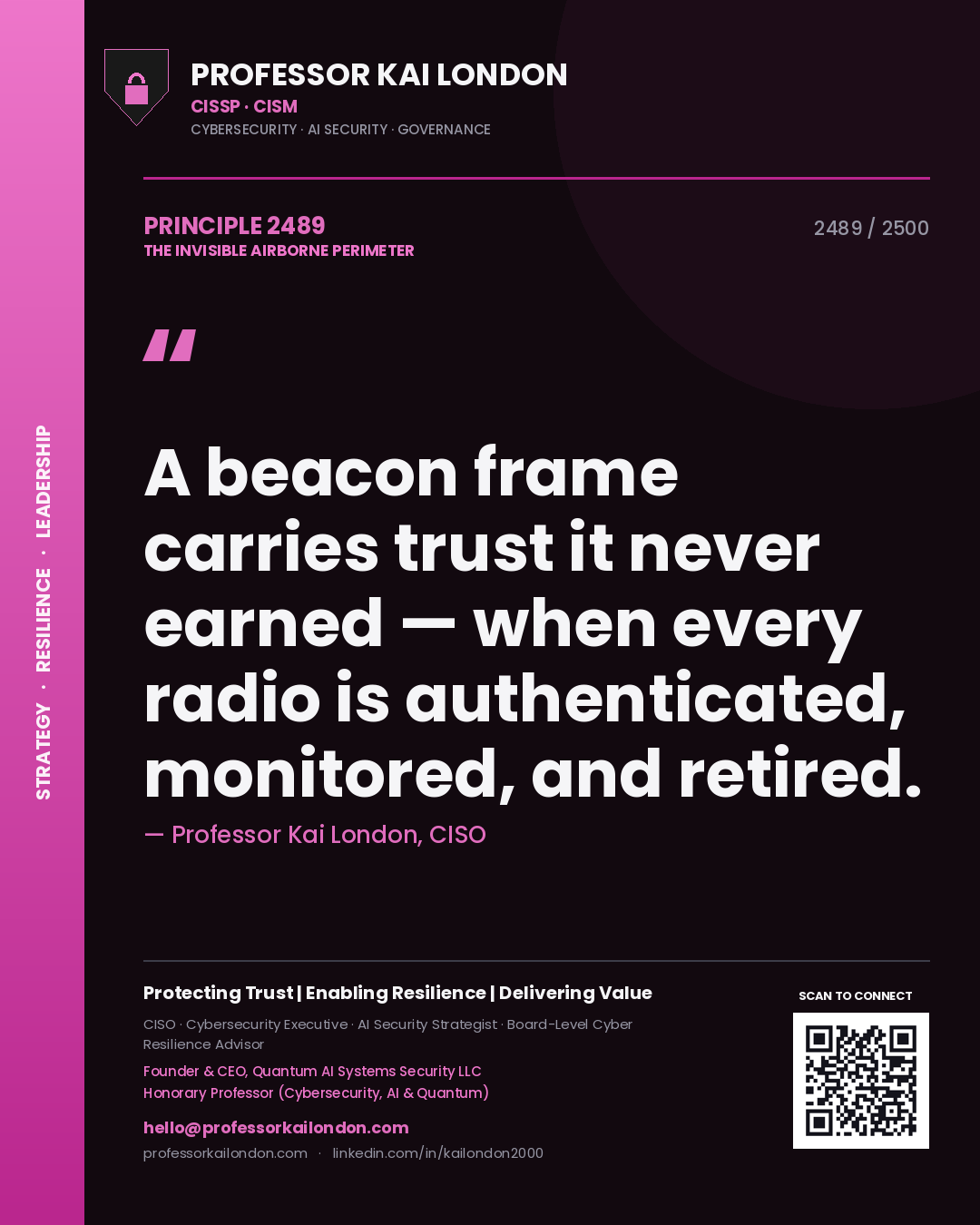 Professor Kai London principle 2489: A beacon frame carries trust it never earned — when every radio is authenticated, monitored, and retired.