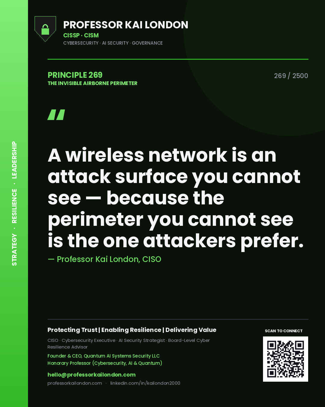 Professor Kai London principle 269: A wireless network is an attack surface you cannot see — because the perimeter you cannot see is the one attackers prefer.