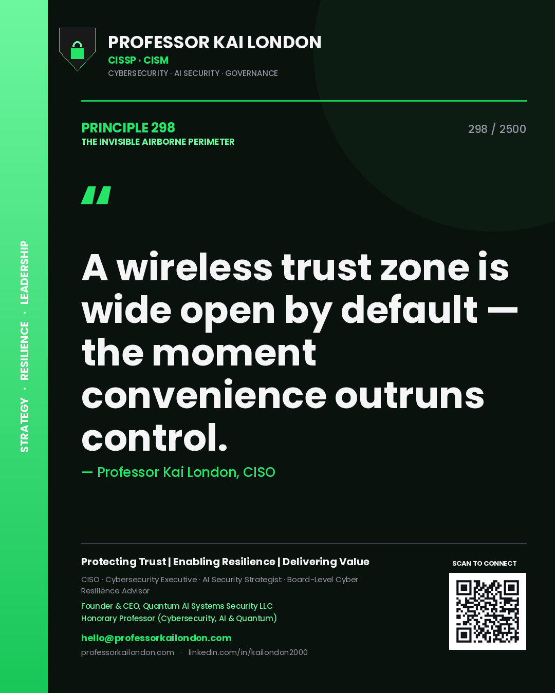 Professor Kai London principle 298: A wireless trust zone is wide open by default — the moment convenience outruns control.