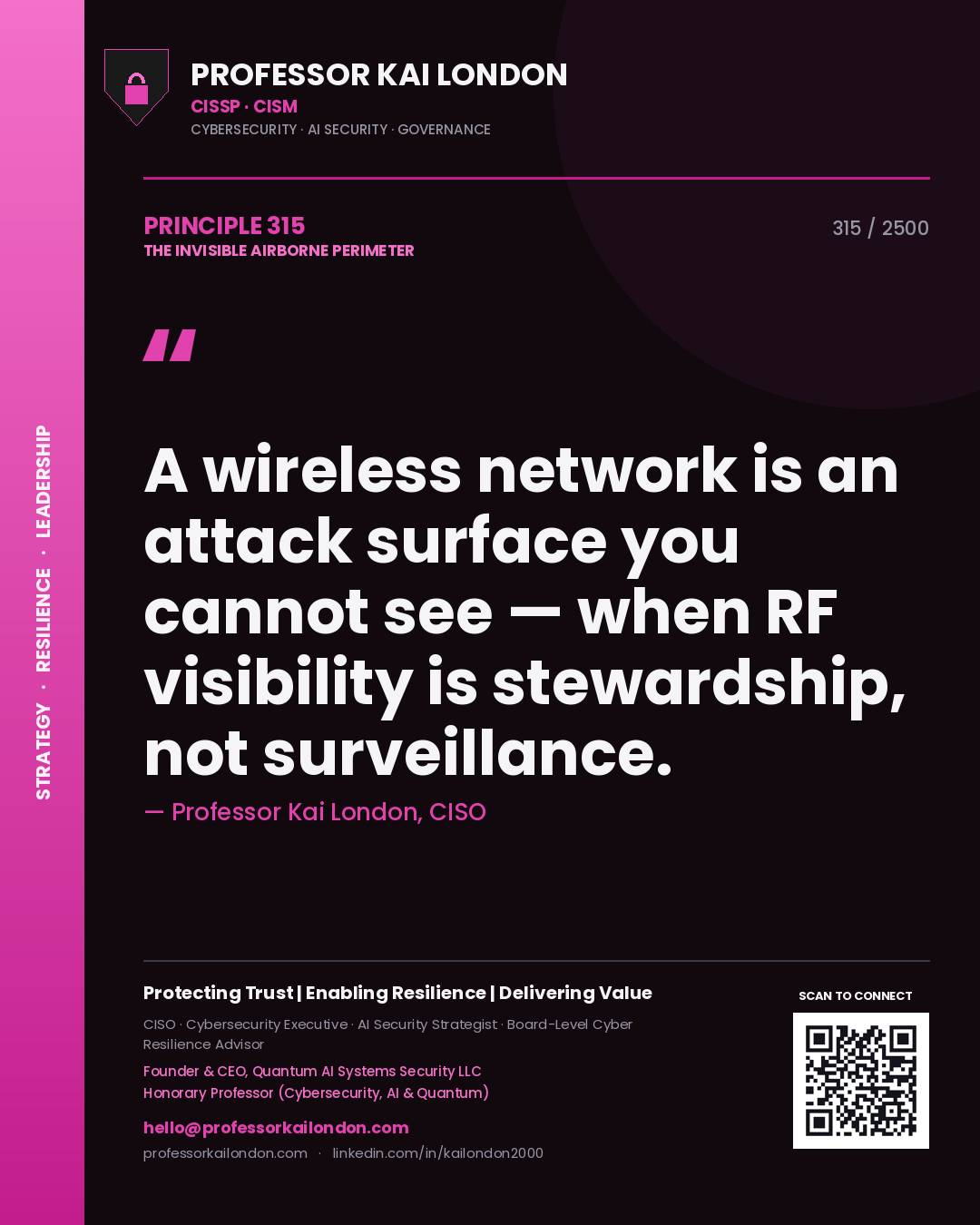 Professor Kai London principle 315: A wireless network is an attack surface you cannot see — when RF visibility is stewardship, not surveillance.
