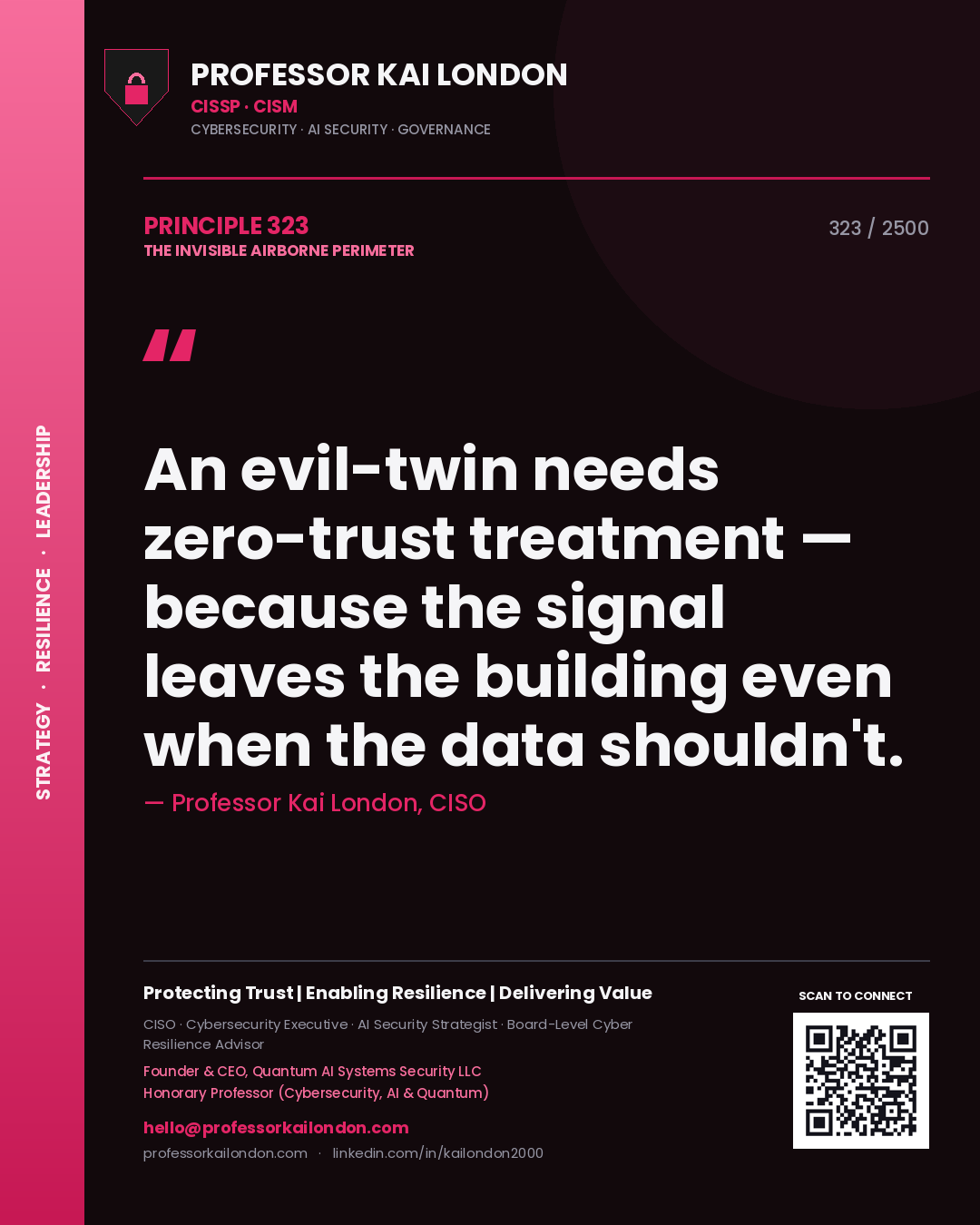 Professor Kai London principle 323: An evil-twin needs zero-trust treatment — because the signal leaves the building even when the data shouldn't.