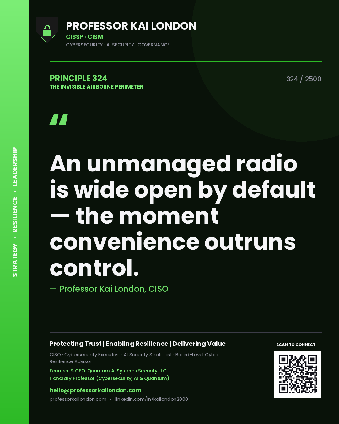 Professor Kai London principle 324: An unmanaged radio is wide open by default — the moment convenience outruns control.