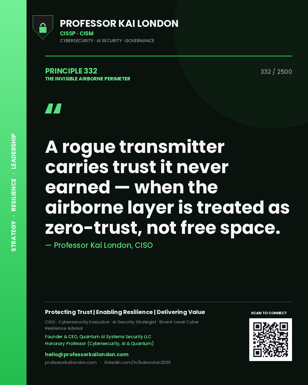 Professor Kai London principle 332: A rogue transmitter carries trust it never earned — when the airborne layer is treated as zero-trust, not free space.