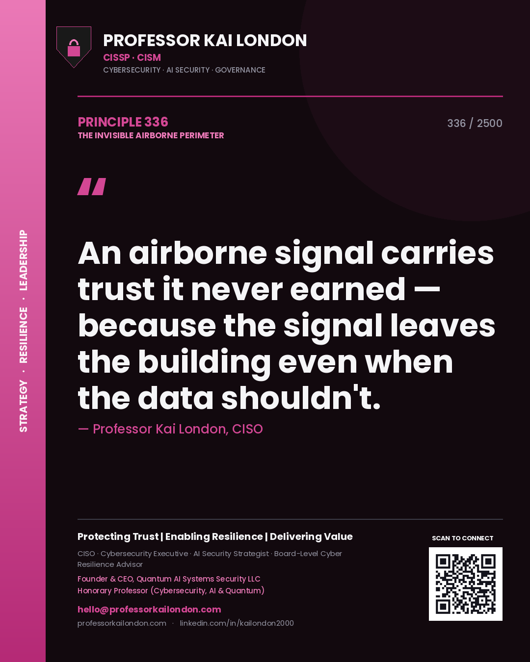 Professor Kai London principle 336: An airborne signal carries trust it never earned — because the signal leaves the building even when the data shouldn't.