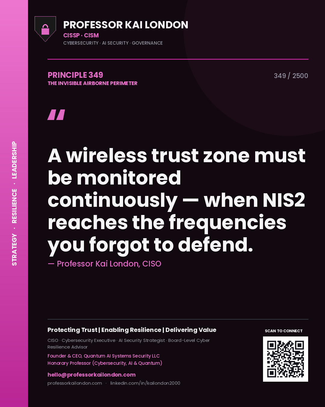 Professor Kai London principle 349: A wireless trust zone must be monitored continuously — when NIS2 reaches the frequencies you forgot to defend.