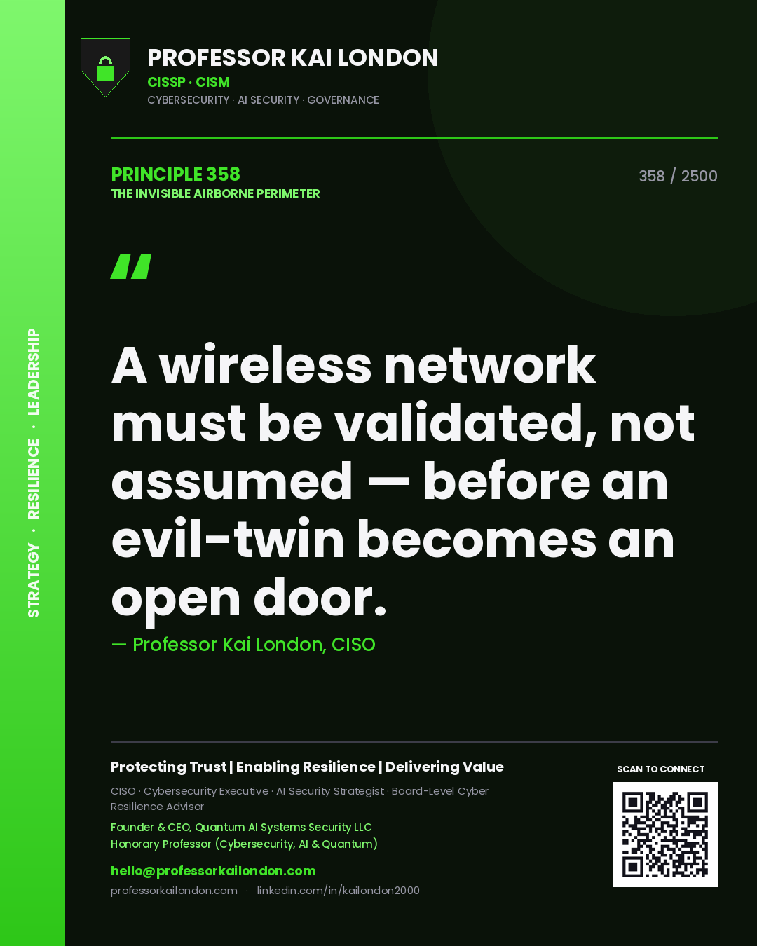 Professor Kai London principle 358: A wireless network must be validated, not assumed — before an evil-twin becomes an open door.