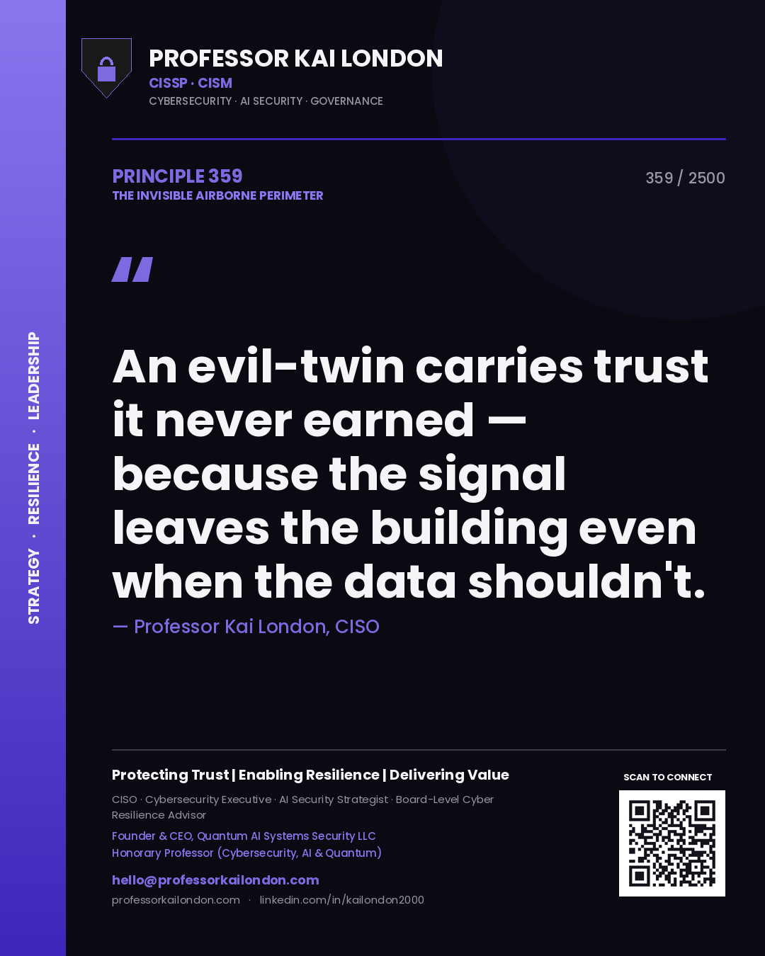 Professor Kai London principle 359: An evil-twin carries trust it never earned — because the signal leaves the building even when the data shouldn't.