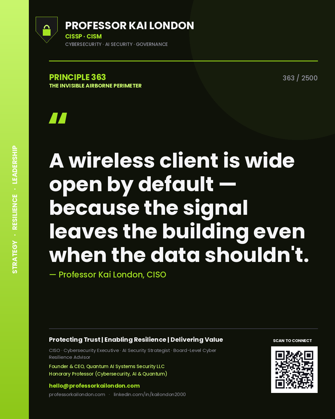 Professor Kai London principle 363: A wireless client is wide open by default — because the signal leaves the building even when the data shouldn't.