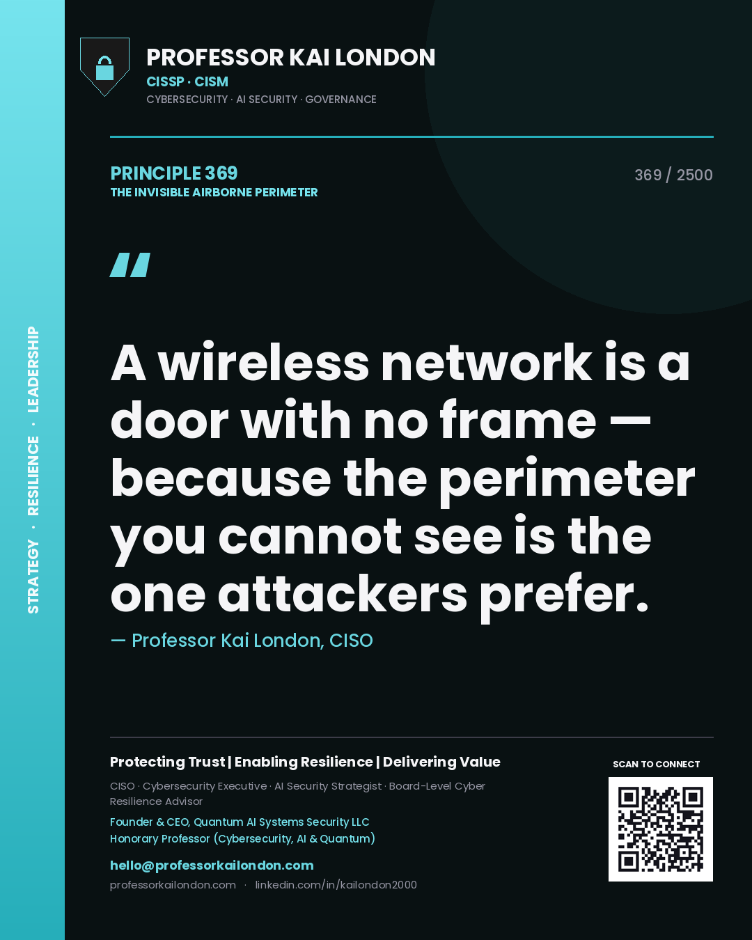Professor Kai London principle 369: A wireless network is a door with no frame — because the perimeter you cannot see is the one attackers prefer.