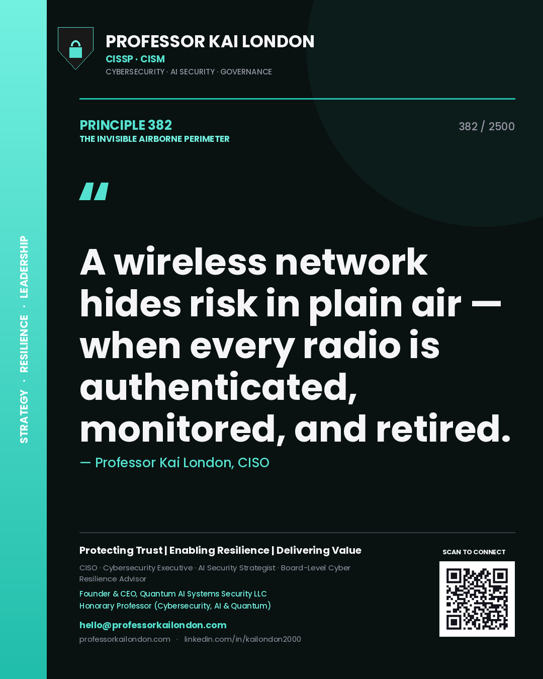 Professor Kai London principle 382: A wireless network hides risk in plain air — when every radio is authenticated, monitored, and retired.