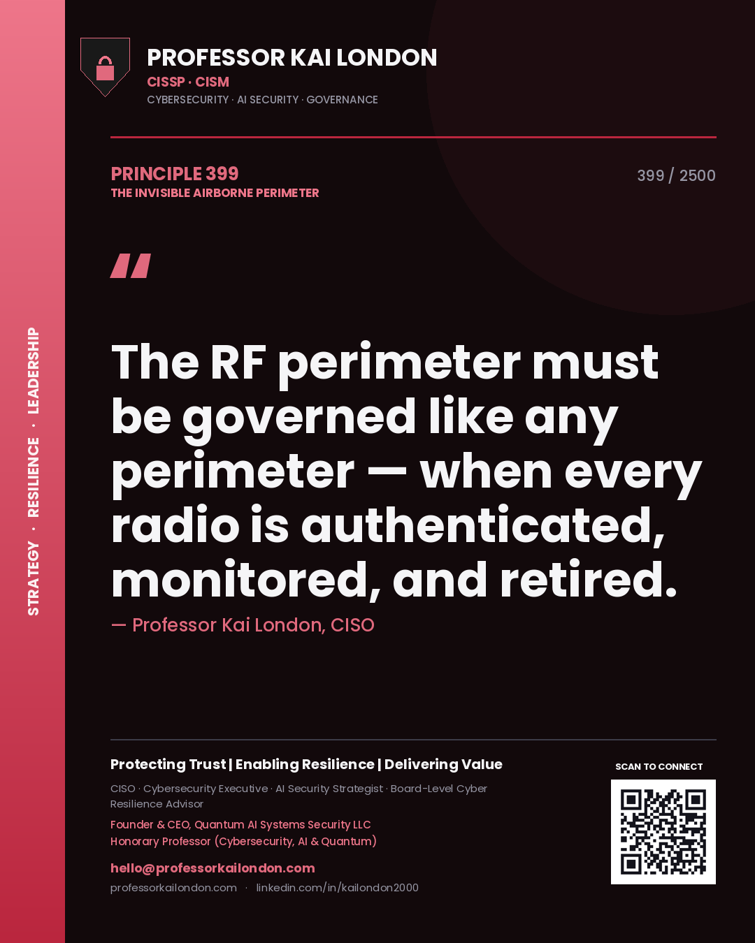 Professor Kai London principle 399: The RF perimeter must be governed like any perimeter — when every radio is authenticated, monitored, and retired.