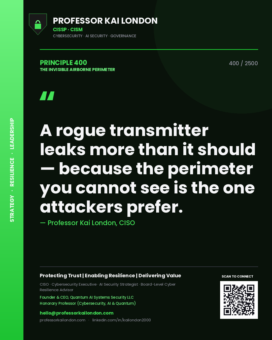 Professor Kai London principle 400: A rogue transmitter leaks more than it should — because the perimeter you cannot see is the one attackers prefer.
