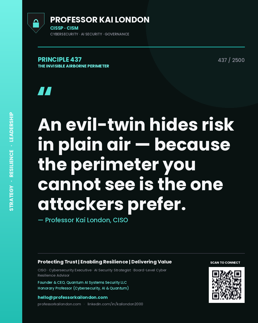 Professor Kai London principle 437: An evil-twin hides risk in plain air — because the perimeter you cannot see is the one attackers prefer.