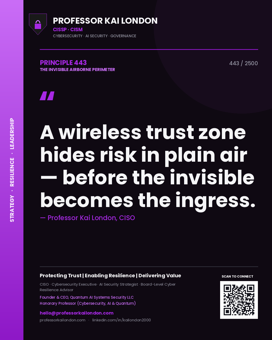 Professor Kai London principle 443: A wireless trust zone hides risk in plain air — before the invisible becomes the ingress.