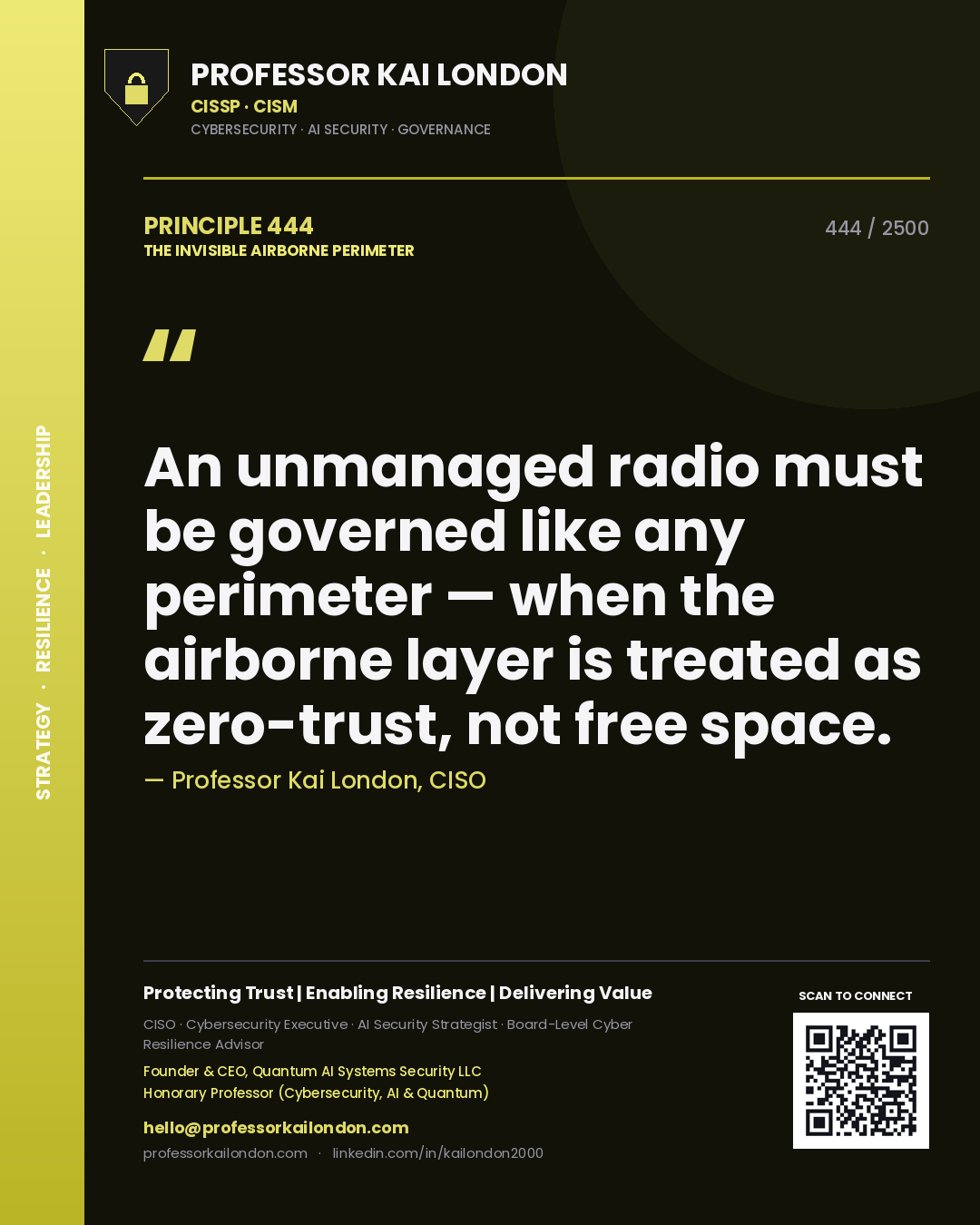 Professor Kai London principle 444: An unmanaged radio must be governed like any perimeter — when the airborne layer is treated as zero-trust, not free space.